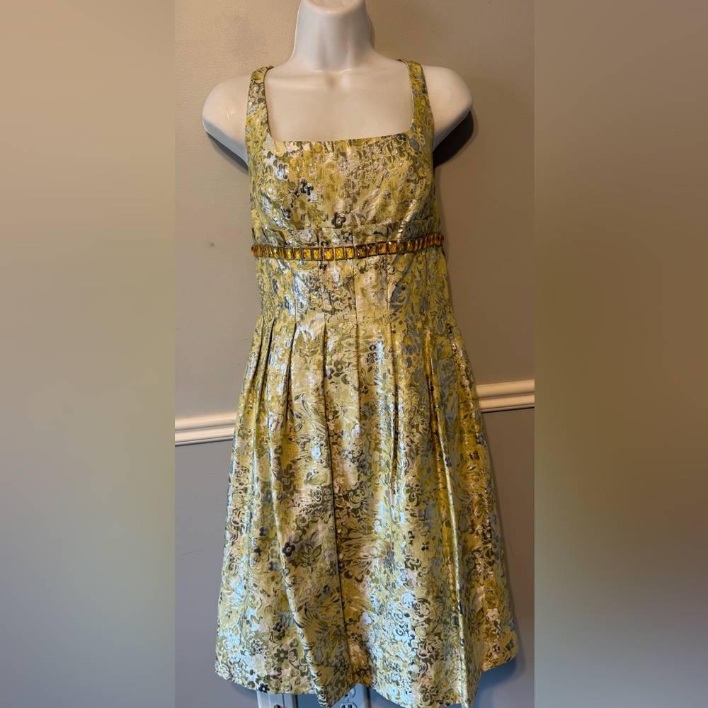 Yellow and silver Carmen Marc Valvo brocade dress